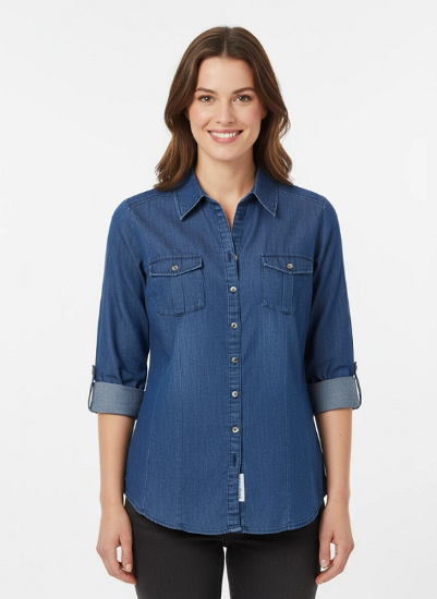 Ladies Denim 3/4 Roll Tab Sleeve Shirt In Cotton/Poly Blend. Style# 197D