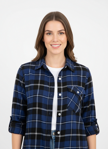 Ladies long sleeve, Roll tab, button front, one pocket Soft Brushed flannel shirt, Style 64258 in Red/White and Royal Blue/White
