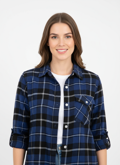 Ladies long sleeve, Roll tab, button front, one pocket Soft Brushed flannel shirt, Style 64258 in Red/White and Royal Blue/White