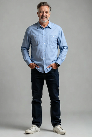 Men's Long sleeve oversized light blue chambray shirt. Style 50500