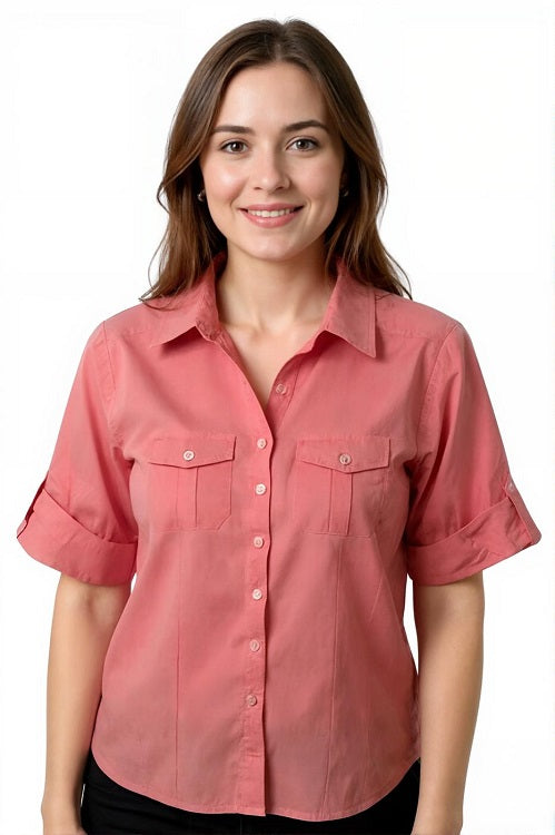 Ladies 100% cotton 3/4 roll on sleeve chambray shirts. Pink, Green, Light Blue, Dark blue. Style 197