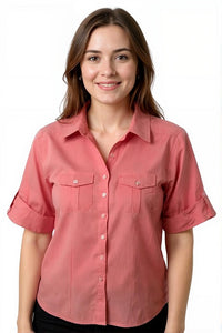Ladies 100% cotton 3/4 roll on sleeve chambray shirts. Pink, Green, Light Blue, Dark blue. Style 197