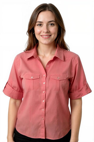 Ladies 100% cotton 3/4 roll on sleeve chambray shirts. Pink, Green, Light Blue, Dark blue. Style 197