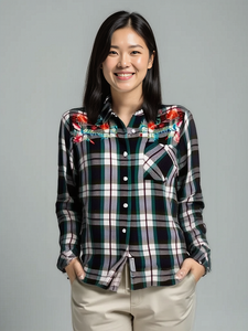 Women's Long Sleeves, Button Down, Rayon Plaid Shirt with a Floral Embroidery. Black/White. Style #8468