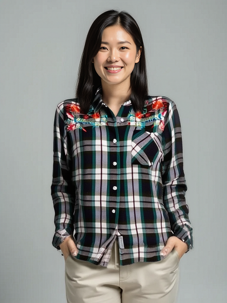 Women's Long Sleeves, Button Down, Rayon Plaid Shirt with a Floral Embroidery. Black/White. Style #8468