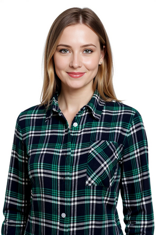 Women's Long sleeve, Button Front, Rayon Plaid Shirt. Green/Navy. Style# 8277