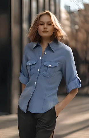 Ladies 100% cotton 3/4 roll on sleeve chambray shirts. Pink, Green, Light Blue, Dark blue. Style 197