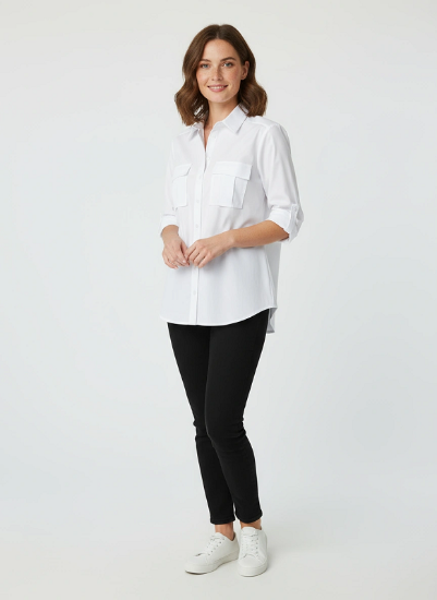 Women's Roll Up Sleeves, 100% Cotton Classic White Shirt. Style# 197W