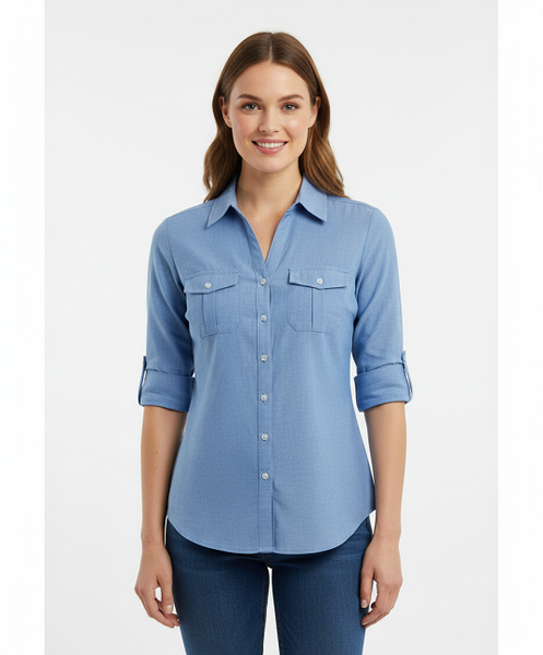 Ladies 100% cotton 3/4 roll on sleeve chambray shirts. Pink, Green, Light Blue, Dark blue. Style 197