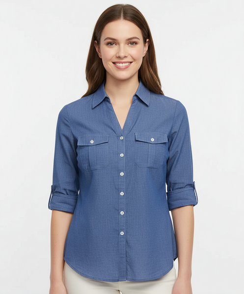 Ladies 100% cotton 3/4 roll on sleeve chambray shirts. Pink, Green, Light Blue, Dark blue. Style 197