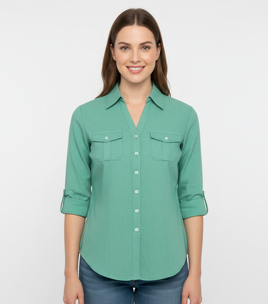 Ladies 100% cotton 3/4 roll on sleeve chambray shirts. Pink, Green, Light Blue, Dark blue. Style 197