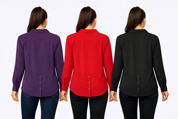 Ladies Long Sleeves, Solid Rayon tunics.  Red, Black, Purple. Style# 617