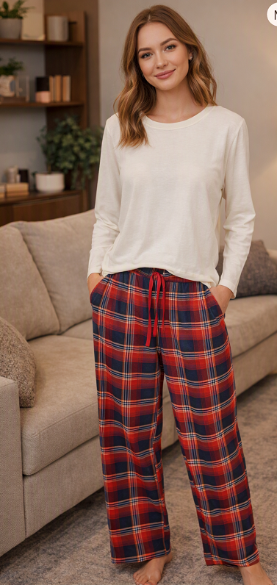 Ladies 2 Piece Flannel Pajama Set. Style 4302. Red/Navy