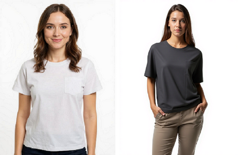 Ladies Short Sleeve, Crew Neck, One pocket,100% Cotton T Shirt in White & Black. Style 101L