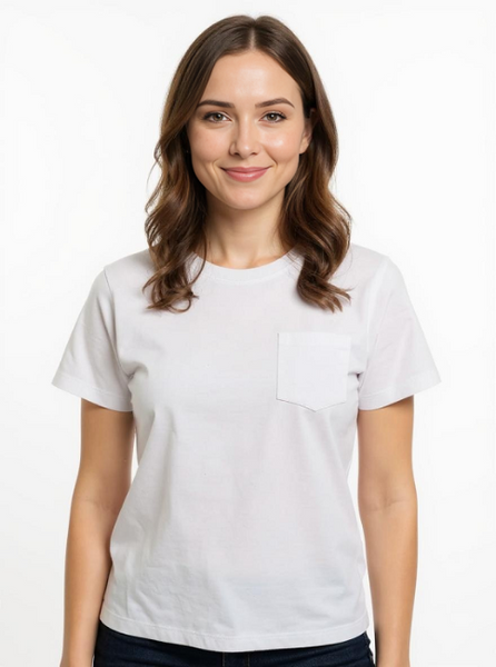 Ladies Short Sleeve, Crew Neck, One pocket,100% Cotton T Shirt in White & Black. Style 101L
