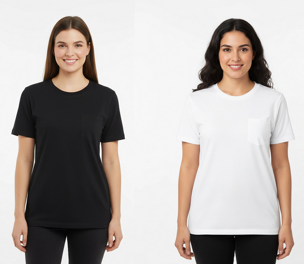 Women's Short Sleeve, Crew Neck, One pocket,100% Cotton T Shirt in White & Black. Style 101L