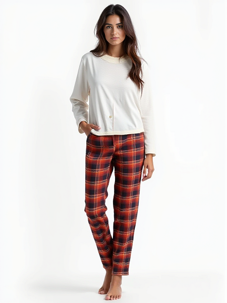 Ladies 2 Piece Flannel Pajama Set. Style 4302. Red/Navy