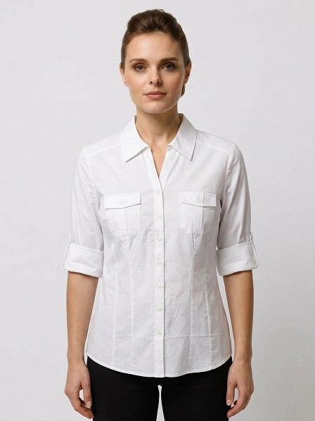 Women's Roll Up Sleeves, 100% Cotton Classic White Shirt. Style# 197W
