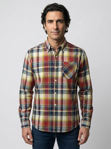 Long Sleeve Men's Indian Madras Check shirt in cotton. Navy/Red Style 3030.Blue Style 3029