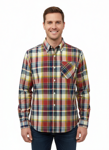 Long Sleeve Men's Indian Madras Check shirt in cotton. Navy/Red Style 3030.Blue Style 3029