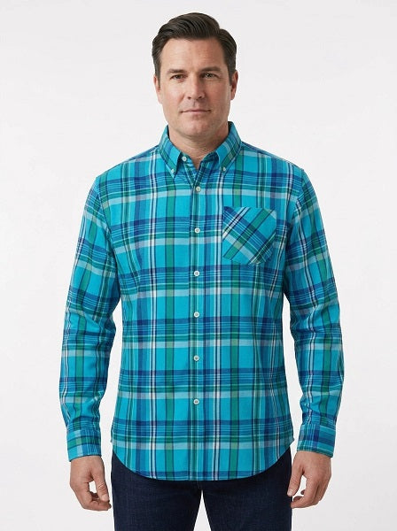 Long Sleeve Men's Indian Madras Check shirt in cotton. Navy/Red Style 3030.Blue Style 3029