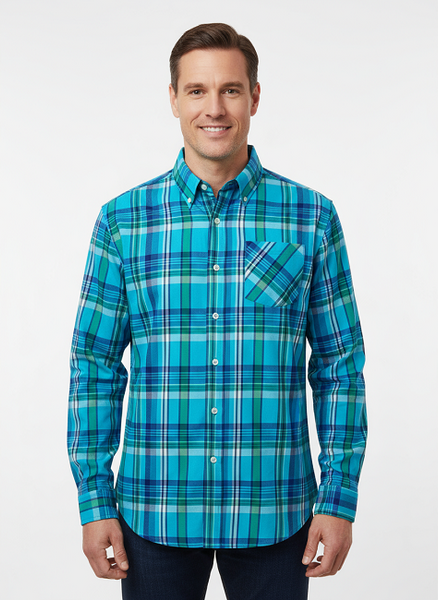 Long Sleeve Men's Indian Madras Check shirt in cotton. Navy/Red Style 3030.Blue Style 3029