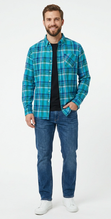 Long Sleeve Men's Indian Madras Check shirt in cotton. Turq style 3029