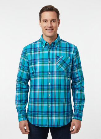 Long Sleeve Men's Indian Madras Check shirt in cotton. Turq style 3029