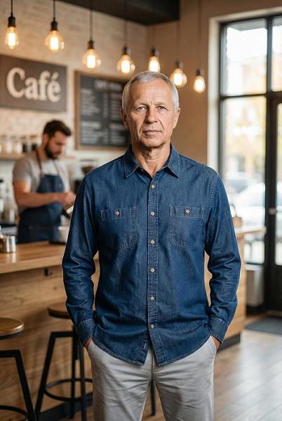 Men's Long sleeve oversized button down denim shirt. Style 20500