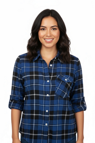 Ladies long sleeve, Roll tab, button front, one pocket Soft Brushed flannel shirt, Style 64258 in Red/White and Royal Blue/White