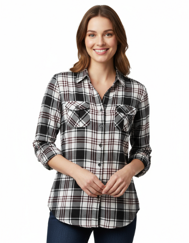 Ladies Long Sleeves, Roll Tab, Light Brushed Flannel Shirt with silver lurex. Black/White Style 52961