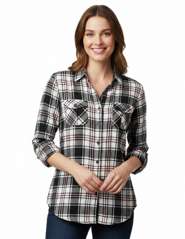 Ladies Long Sleeves, Roll Tab, Light Brushed Flannel Shirt with silver lurex. Black/White Style 52961