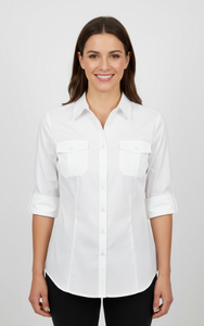 Women's Roll Up Sleeves, 100% Cotton Classic White Shirt. Style# 197W