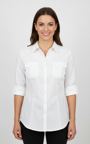 Women's Roll Up Sleeves, 100% Cotton Classic White Shirt. Style# 197W