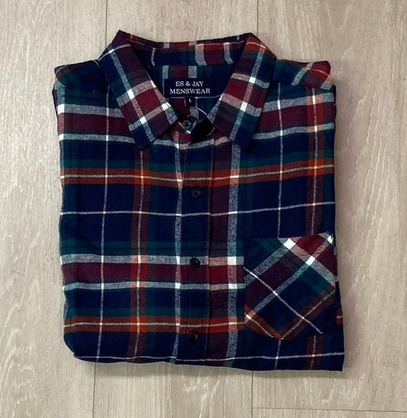 Men's Long Sleeve Brushed Flannel Shirt. Navy/Green. Style 2262