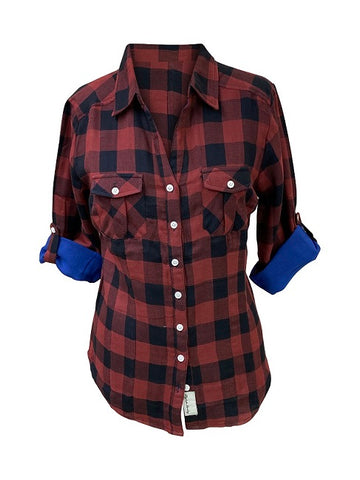 Ladies Roll Up Sleeve, Double Faced, Plaid Button Down,  Cotton Shirt. Burgundy/Black. Style 2358