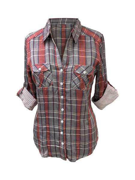 Ladies Roll Tab Sleeve, Double faced, Button down, Plaid Shirt. Coral/Navy. Style 2359