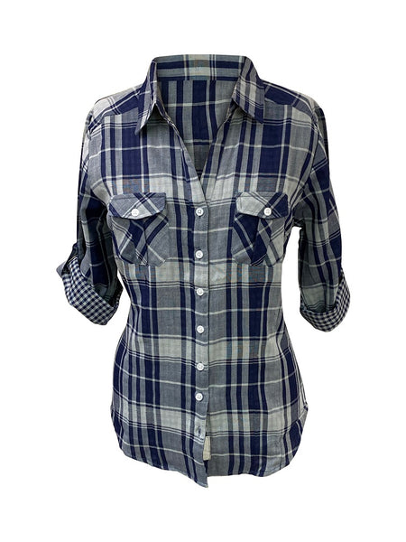 Ladies Roll Up Sleeve, Double Faced  Plaid Button Down, Cotton Shirt. Navy/Grey. Style 2360