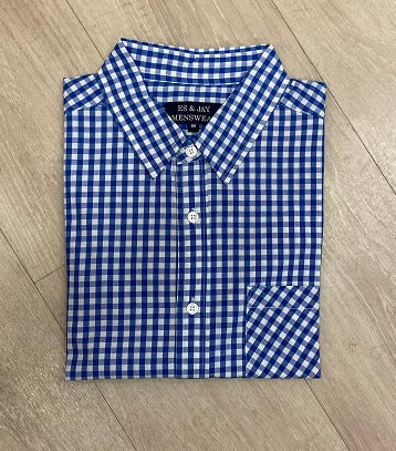 Men's long sleeve gingham Check, button down dress shirt. Royal Blue/White. Style 2363