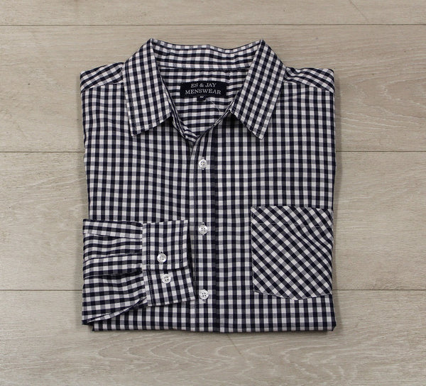 Men's long sleeve gingham, button down check dress shirt. Navy/white Style 2364