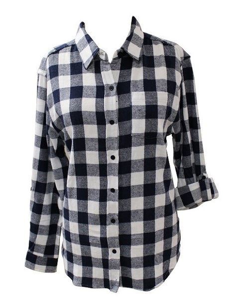 Ladies Long Sleeve, Roll Tab, Soft  Brushed Flannel Shirt. Navy/White. Style 2917
