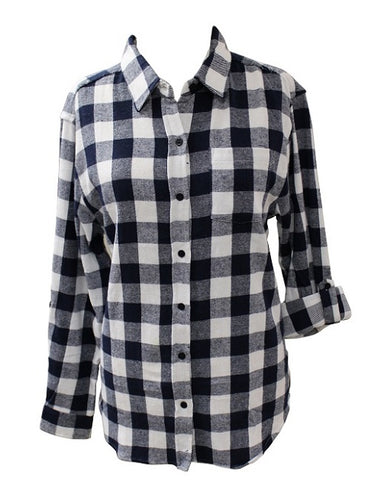 Ladies Long Sleeve, Roll Tab, Brushed Flannel Shirt. Navy/White. Style 2917