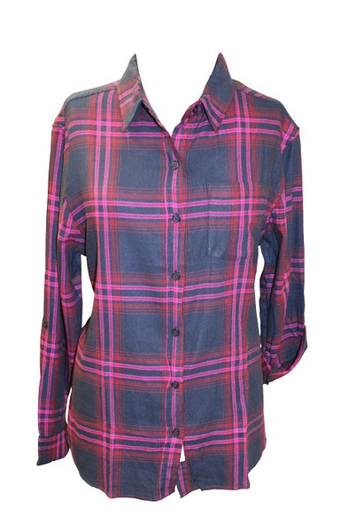 Ladies Long Sleeve, Cotton Twill Plaid, Roll Tab Sleeve Shirt. Navy/Pink. Style 3088