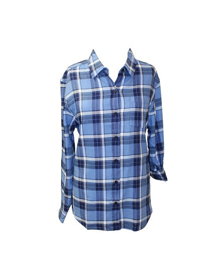 Ladies Long Sleeve, Cotton Twill Plaid, Roll Tab Sleeve Shirt. Blue/Navy. Style 3089