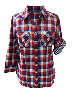 Ladies 100% cotton, light weight, double faced  roll tab sleeve, plaid button down shirt. Red/White/Navy Style 3093
