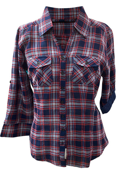 Ladies 100% cotton, light weight, double faced, roll tab sleeve, plaid button down shirt. Navy/Red style 3295