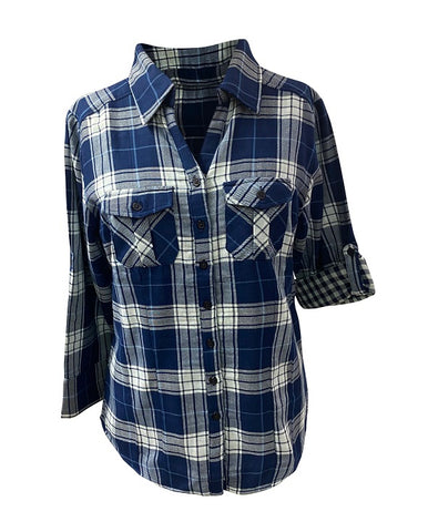 Ladies 100% cotton, light weight ,double faced, roll tab sleeve plaid button down shirt. Navy multi Style 3296
