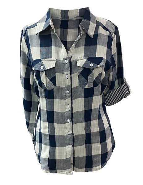 Ladies 100% cotton, light weight, double faced, roll tab sleeve, plaid button down shirt. Navy/cream Style 3299