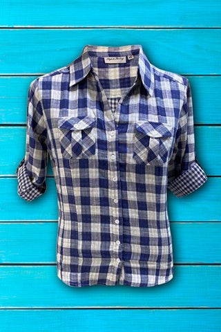 Ladies Roll Tab Sleeve, Double Faced, Button Down, Cotton Plaid Shirt. Navy/White. Style# 1855