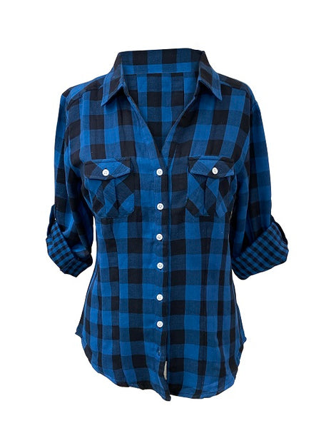 Ladies Roll Up Sleeve, Double Fabric Plaid, Cotton Button Down, Light Weight Cotton Shirt. Blue/Navy. Style#8471
